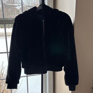 Reversible Hooded Jacket - Black Faux Fur/Navy Nylon-Type Material - Like New